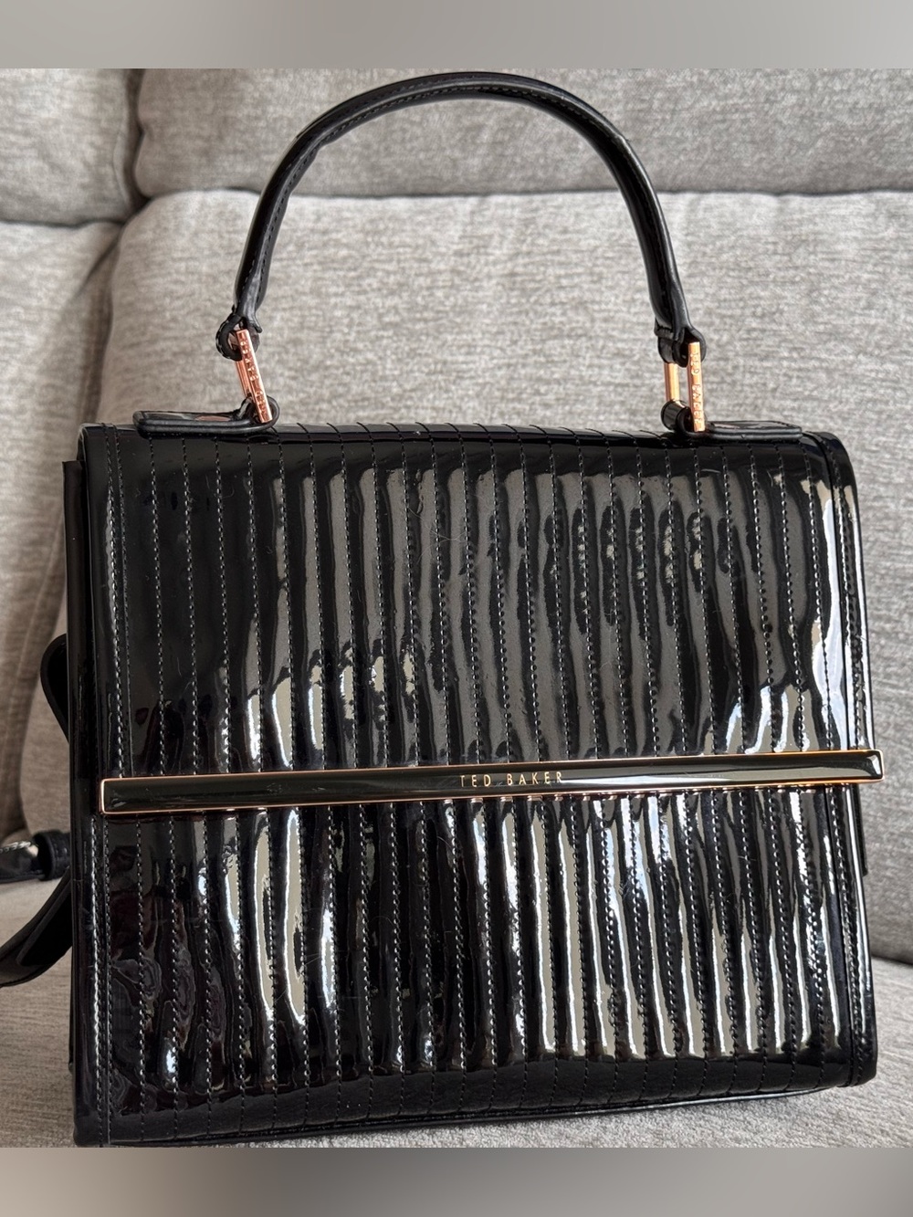 Ted Baker Glossy Black Ribbed Patent Satchel Bag Rose Gold Like New